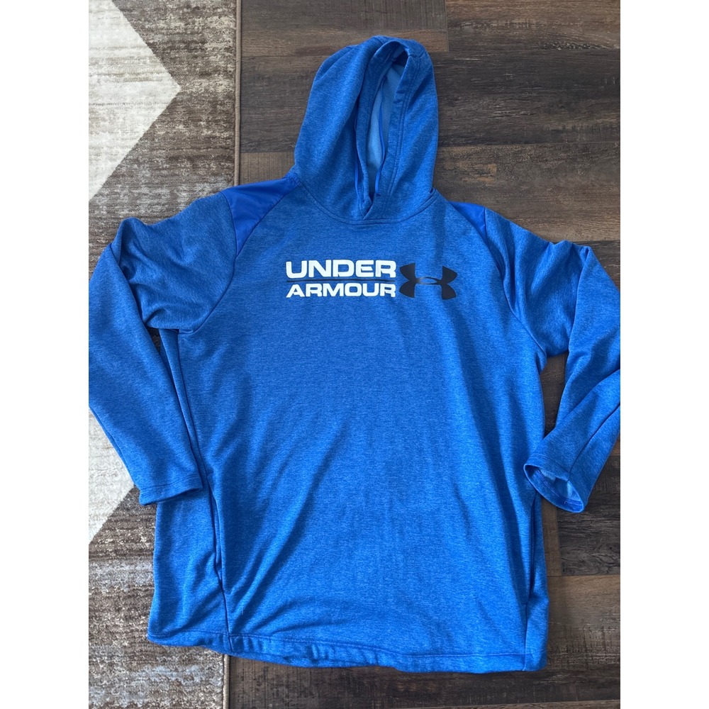 Under Armour Mens ColdGear Hoodie Blue Heather Graphic Pullover Sweatshirt 2XL